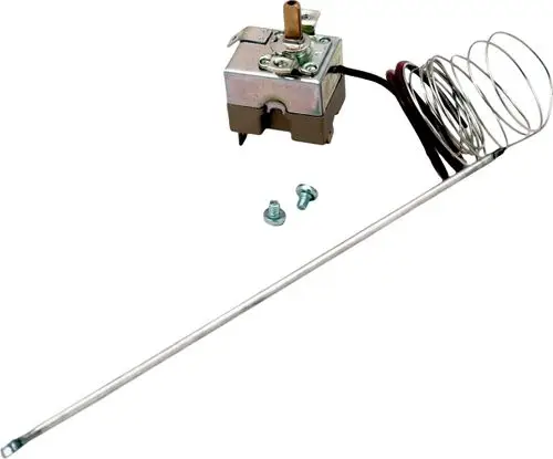 Rauchgasthermometer mit Metallgehäuse, Anschlussleitungen und Messfühler. Oft verbaut in Heizungen der Marke Wolf zur Überwachung der Abgase.